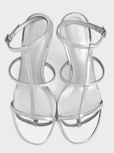 Metallic T-Bar Ankle-Strap Sandals, Silver, hi-res