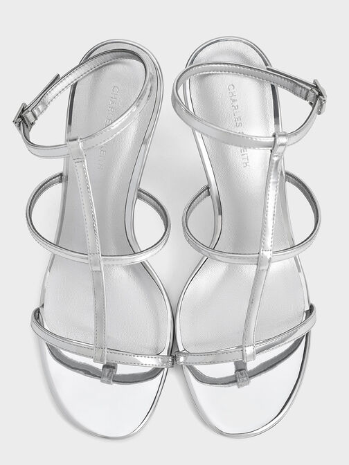 Metallic T-Bar Ankle-Strap Sandals, Silver, hi-res
