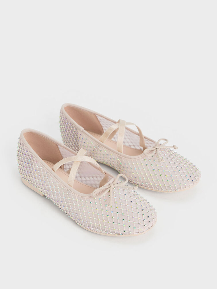 Girls' Mesh Crystal-Embellished Crossover-Strap Ballet Flats, Cream, hi-res