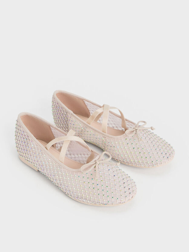 Girls' Mesh Crystal Crossover Ballet Flats, Cream, hi-res
