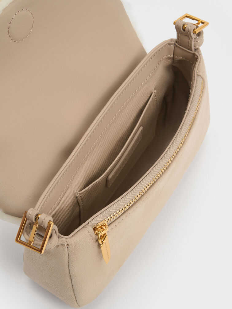 Daki Fur-Trim Belted Shoulder Bag, Beige, hi-res