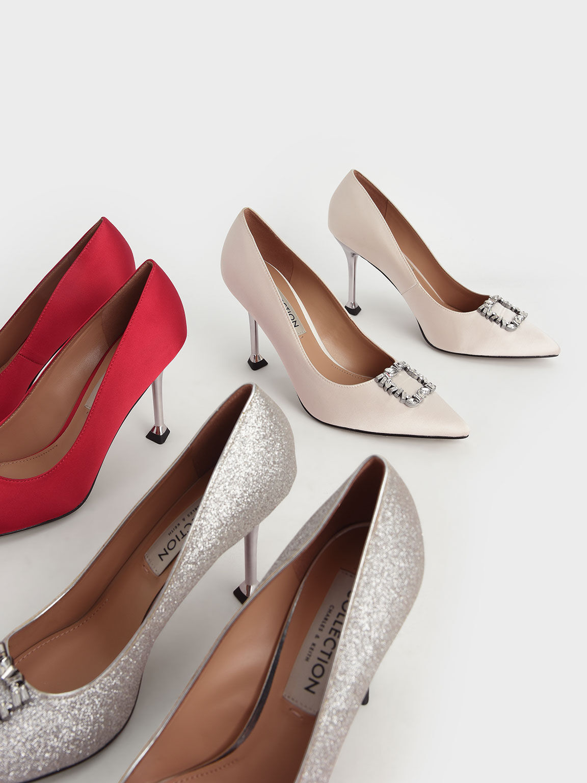 Satin Gem-Embellished Pumps, Cream, hi-res