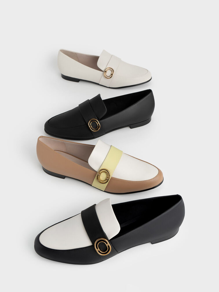 Metallic Accent Almond-Toe Penny Loafers, Black, hi-res