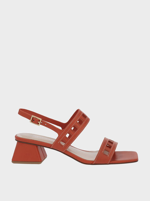Cut-Out Heeled Slingback Sandals, Orange, hi-res