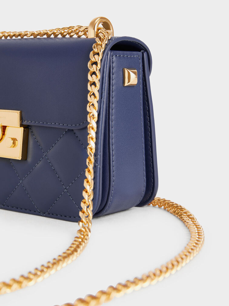 Metallic Push-Lock Chain Bag, Navy, hi-res