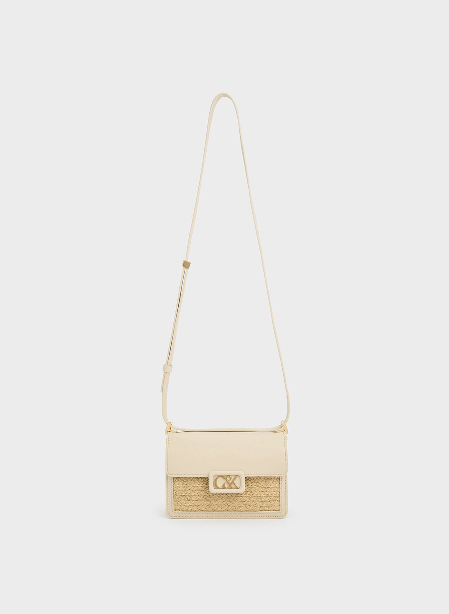 Bolso tipo caja de cuero y rafia, Beige, hi-res