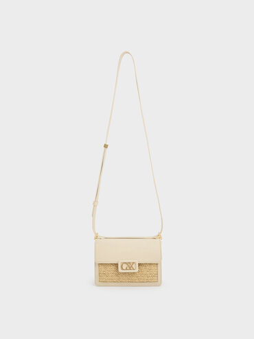 Bolso tipo caja de cuero y rafia, Beige, hi-res