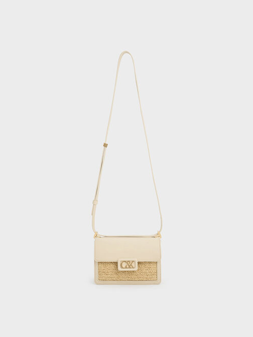 Leather & Raffia Boxy Bag, Beige, hi-res
