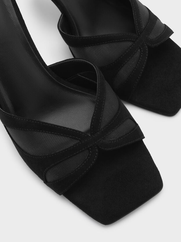Faux Suede & Mesh Heeled Mules, Black Textured, hi-res