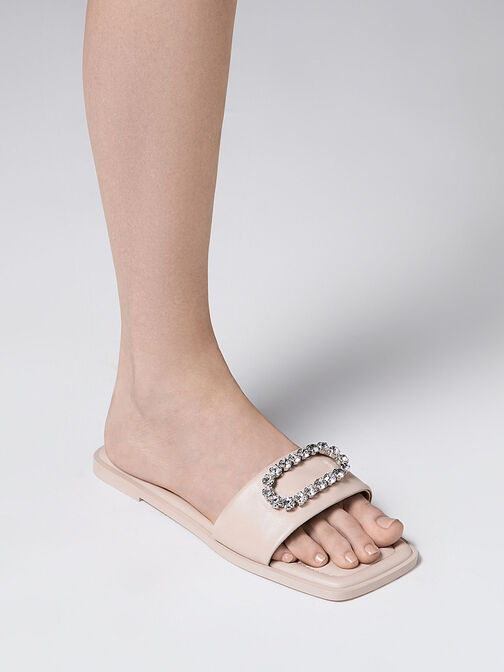 Gem-Embellished Leather Slides, Nude, hi-res