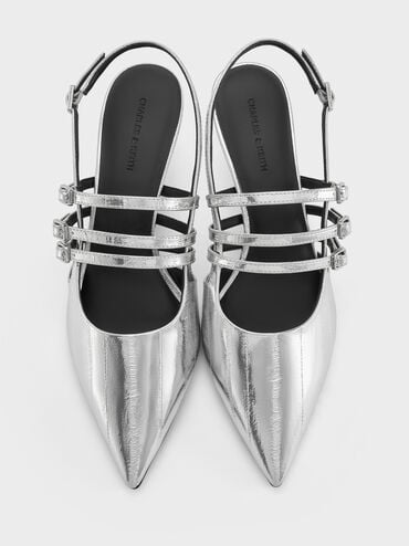 Metallic Triple-Strap Pointed-Toe Kitten-Heel Slingback Pumps, Silver, hi-res