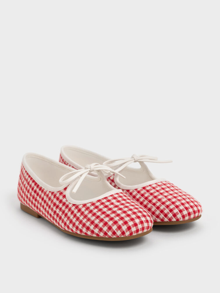 Girls' Gingham Bow Ballet Flats, Red, hi-res