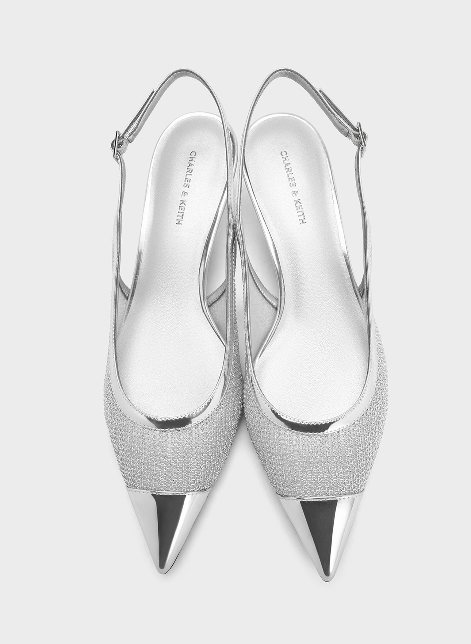 Tacones bajos metálicos de malla con punta abierta, Plateado, hi-res