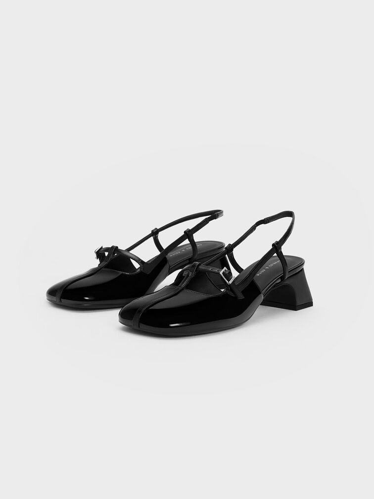 Patent T-Bar Slingback Pumps, Black Patent, hi-res