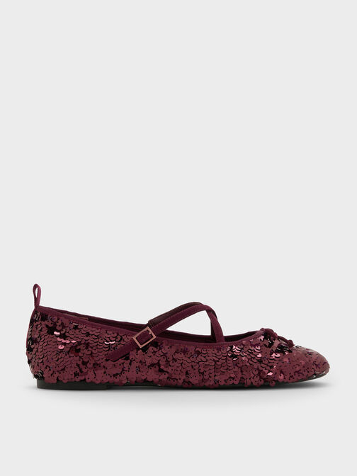 Sequinned Crossover Mary Jane Flats, Burgundy, hi-res