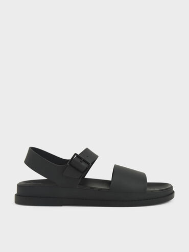Buckle Strap Flatform Sandals, Black, hi-res
