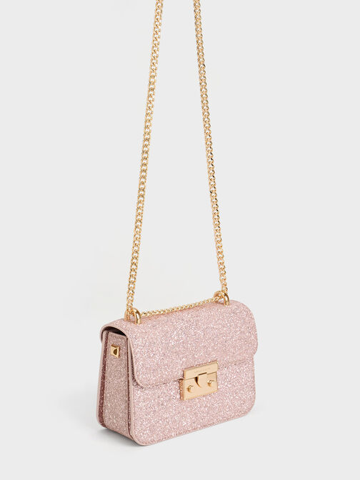 Glittered Push-Lock Chain-Handle Bag, Blush, hi-res