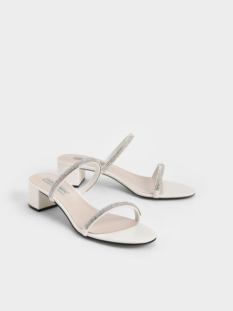 Gem-Encrusted Strappy Heeled Mules, Cream, hi-res