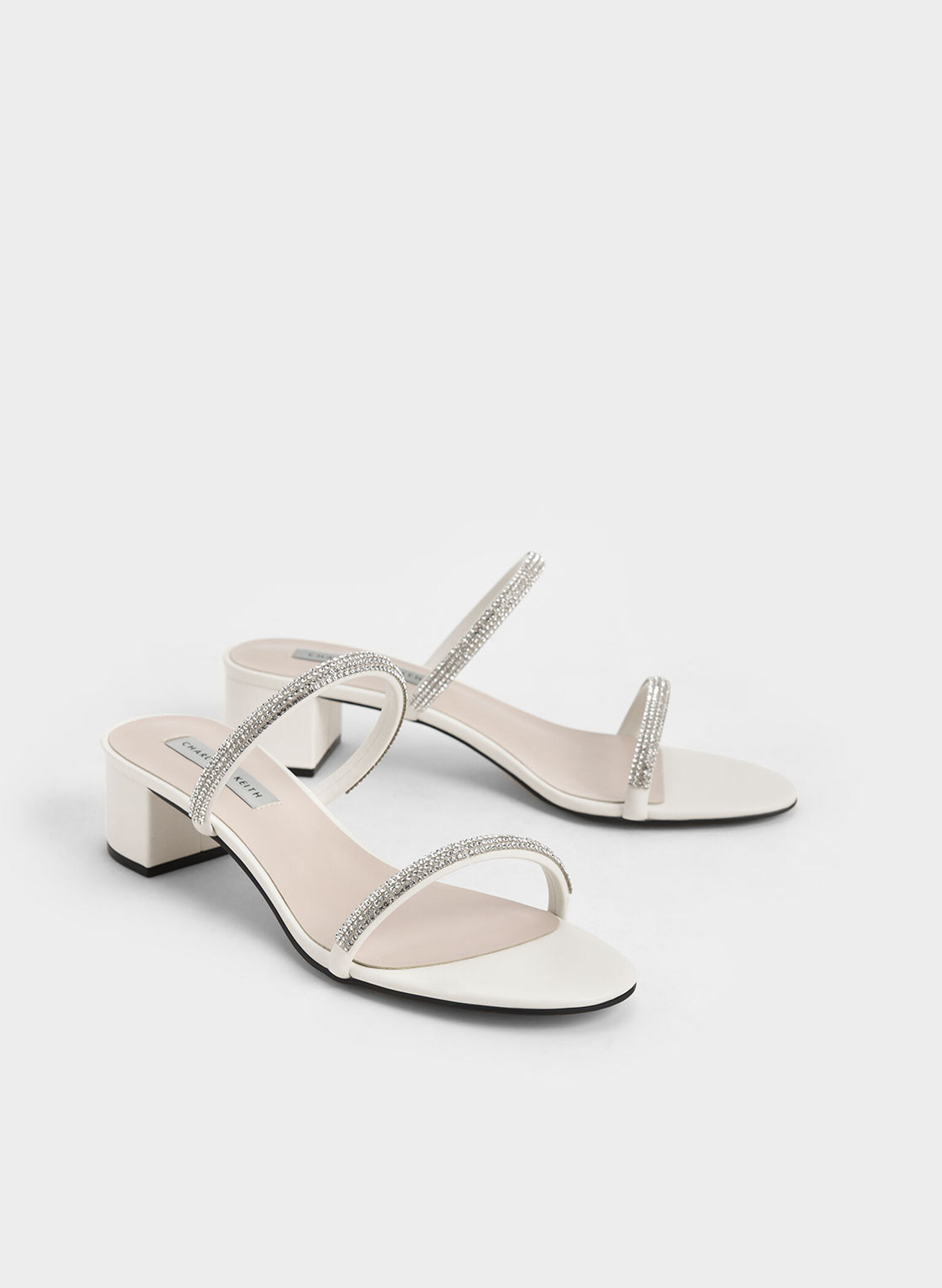 Cream Gem-Encrusted Strappy Heeled Mules - CHARLES & KEITH US