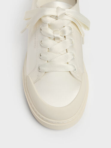 Satin Lace-Up Sneakers, White, hi-res