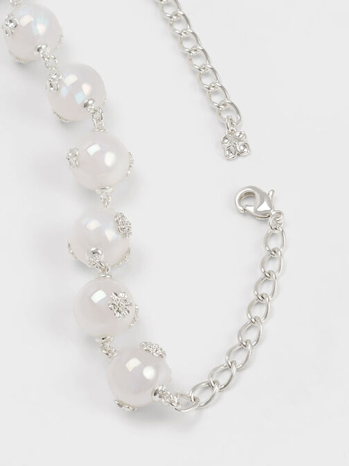 Flower-Embellished Chain-Link Pearl Necklace, Silver, hi-res