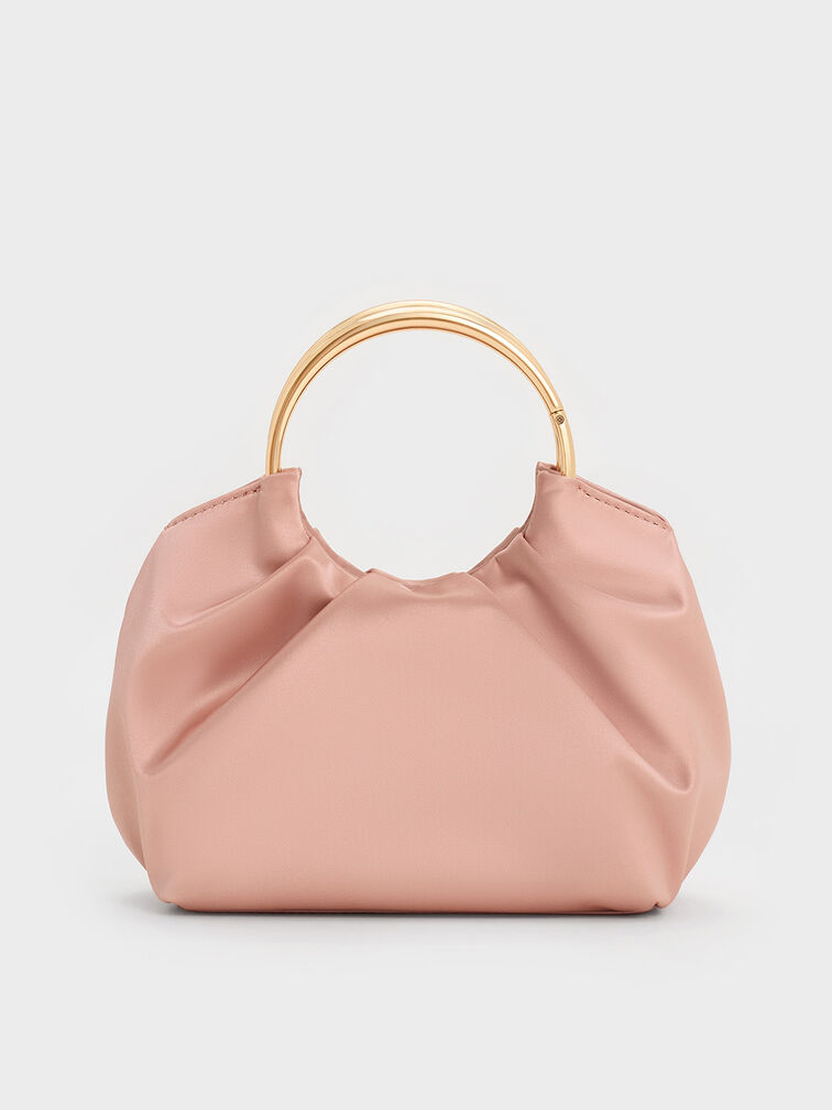 Bolso fruncido de satén con asa tipo anillo, Rosa bailarina, hi-res