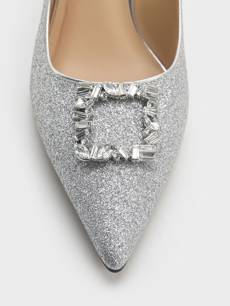 Ever Glittered Gem-Embellished Kitten Heel Pumps, Silver, hi-res