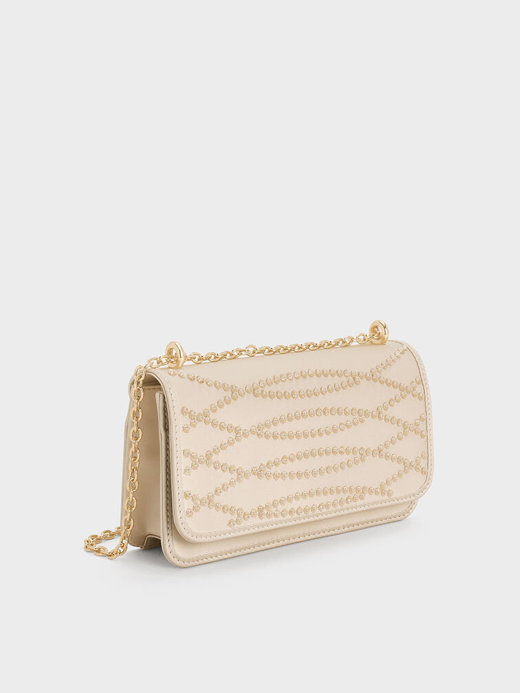 Mini bolso de satén con cadena y lentejuelas, Dorado claro, hi-res