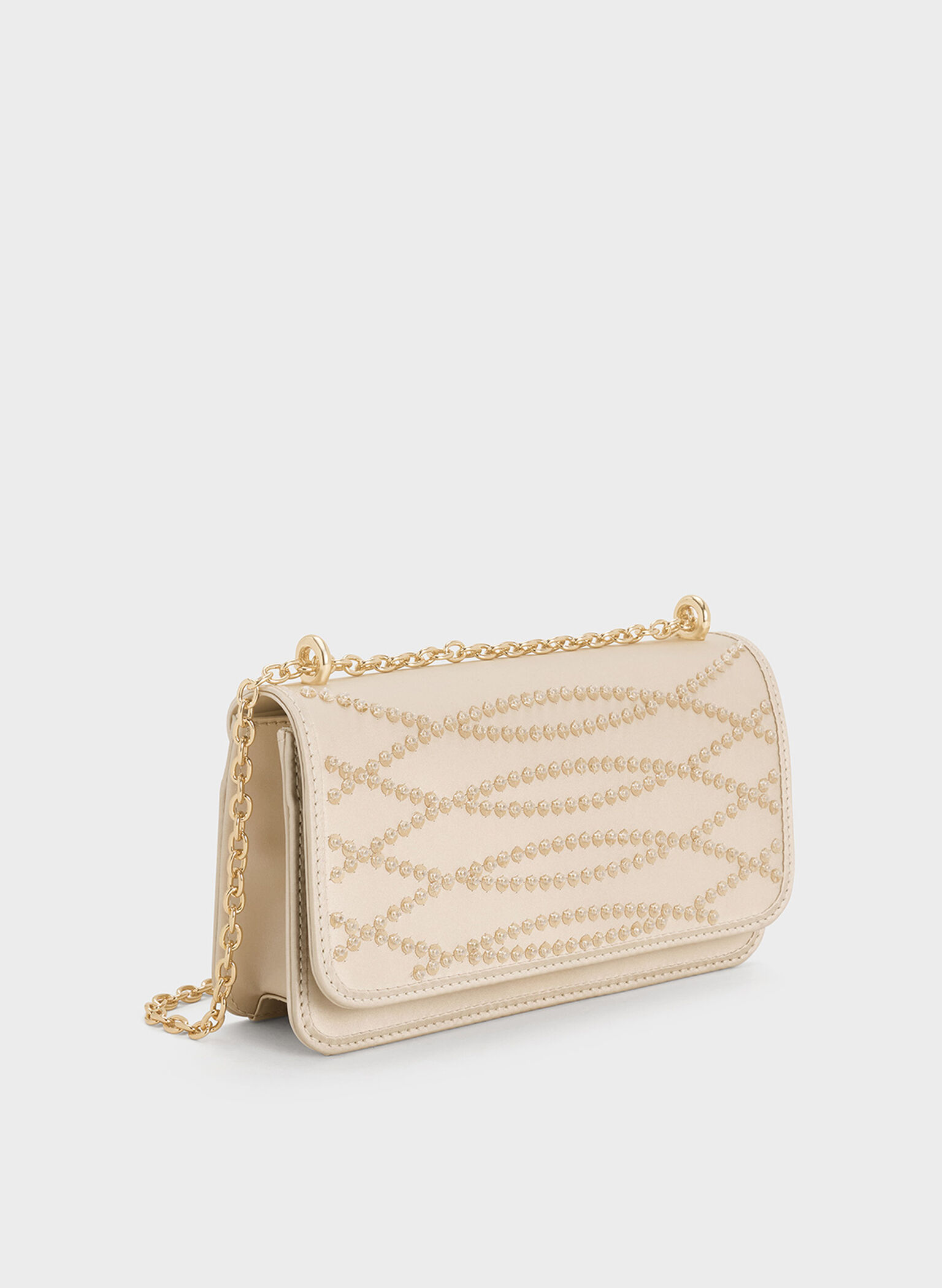 Satin Sequinned Chain-Handle Mini Bag, Light Gold, hi-res