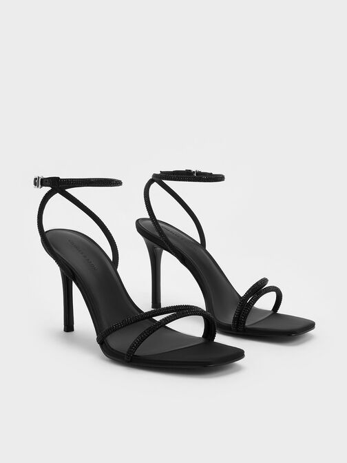 Satin Crystal-Embellished Asymmetric Heeled Sandals, Black Textured, hi-res