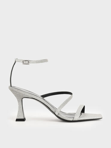 Glitter Sculptural Heel Sandals, Silver, hi-res