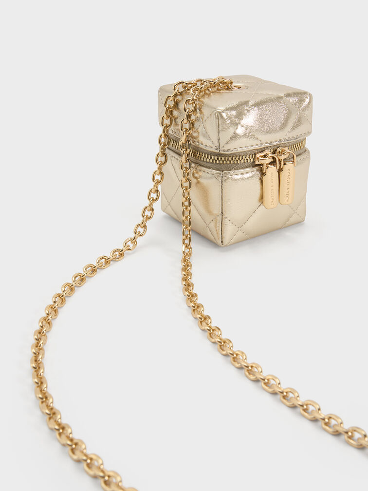 Janie Metallic Quilted Chain-Handle Micro Bag, Champagne, hi-res