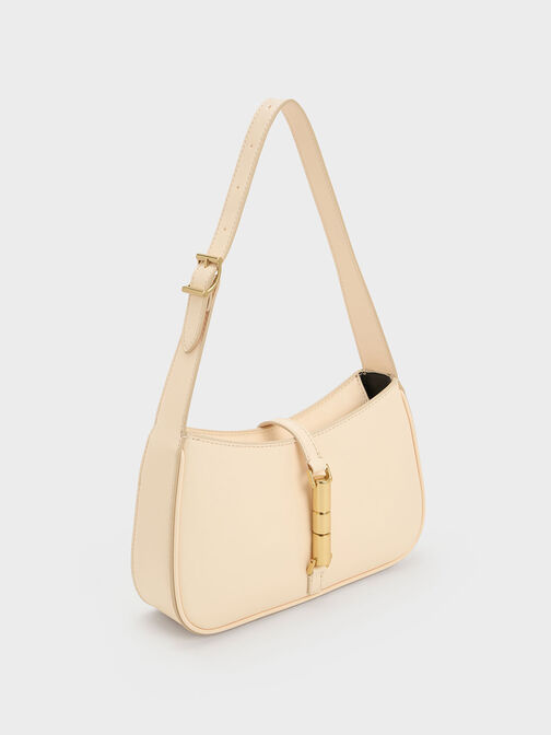 Bolso de hombro Cesia con detalles metálicos, Beige, hi-res