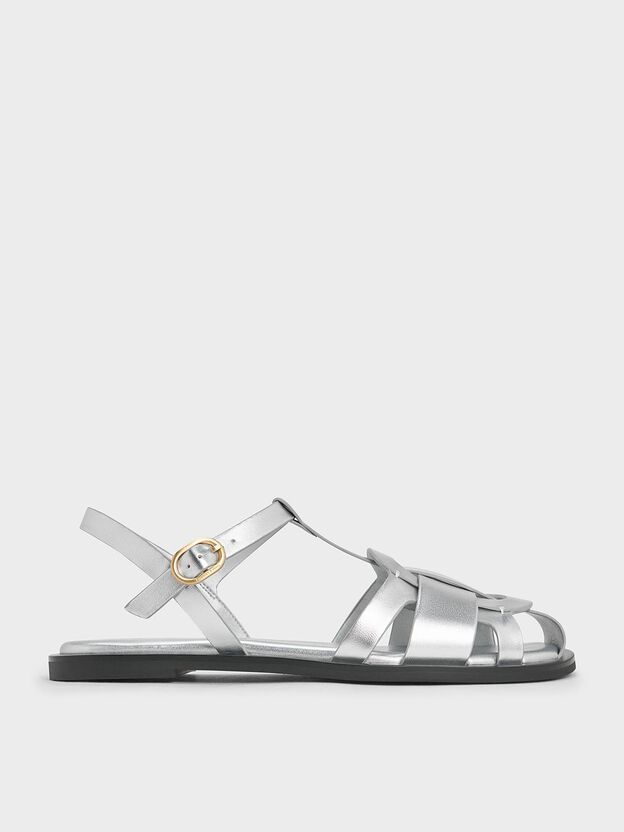 Easley Metallic T-Bar Caged Sandals, Silver, hi-res
