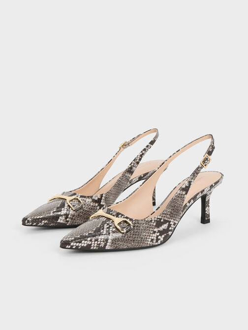 Zapatos de tacón destalonados con estampado de serpiente y acento metálico, Animal print natural, hi-res