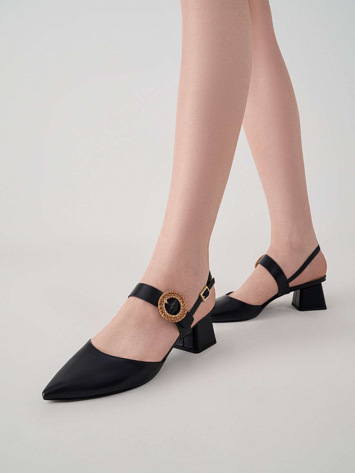 Woven Buckle Slingback Heeled Pumps, Black, hi-res
