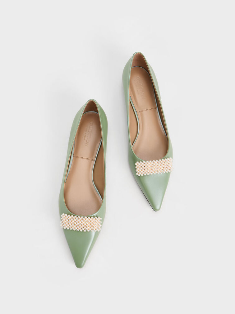 Leather Pointed-Toe Beaded Ballerinas, Green, hi-res