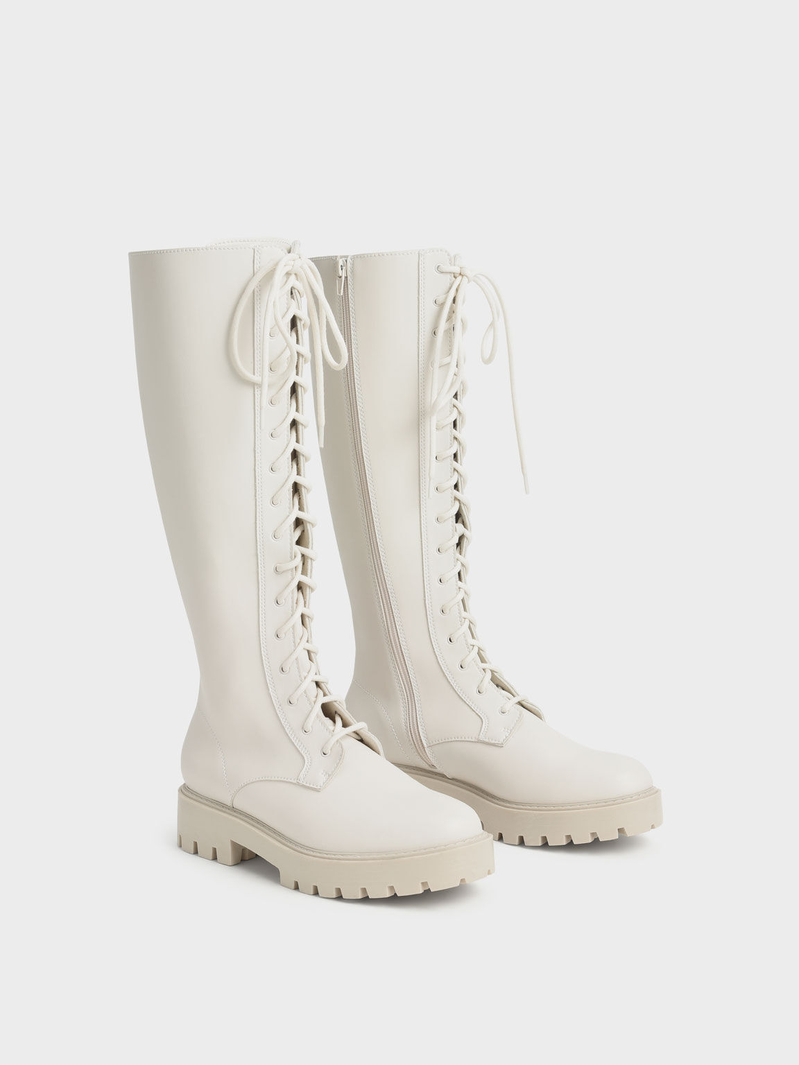 Lace-Up Knee-High Boots, Chalk, hi-res