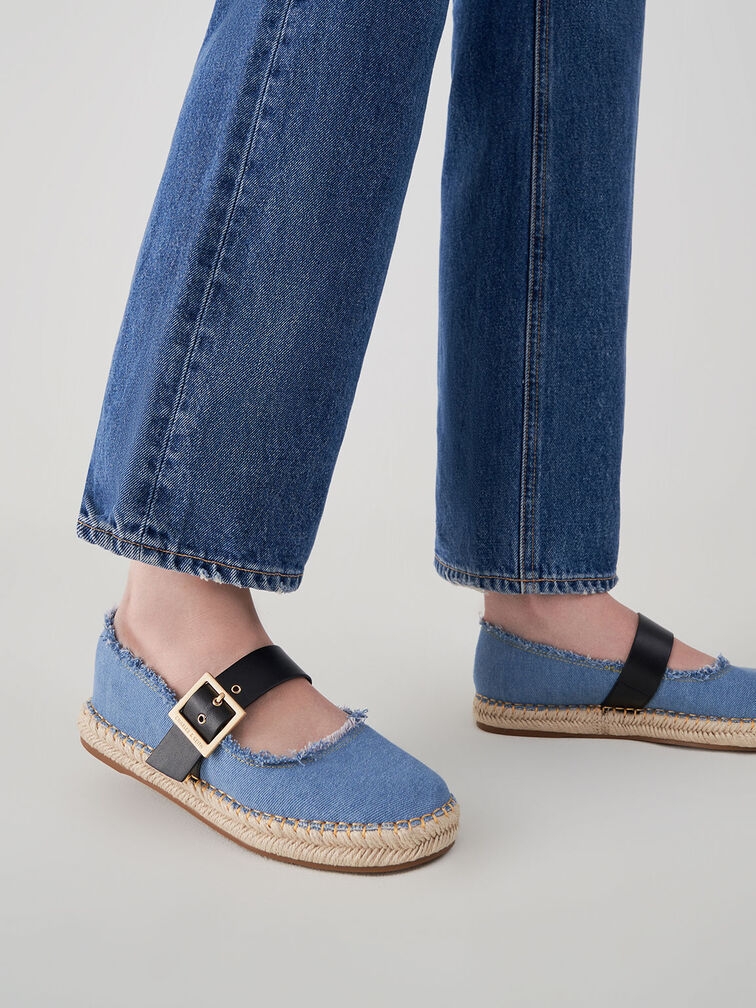 Buckled Denim Espadrille Flats, Blue, hi-res