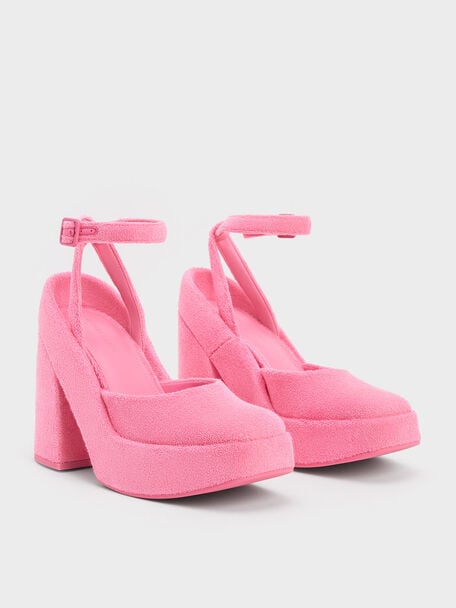 Loey 毛巾布繞踝粗跟鞋, 粉紅色, hi-res