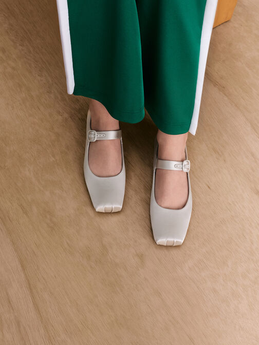 Satin Buckled Square-Toe Mary Jane Flats, Light Grey, hi-res