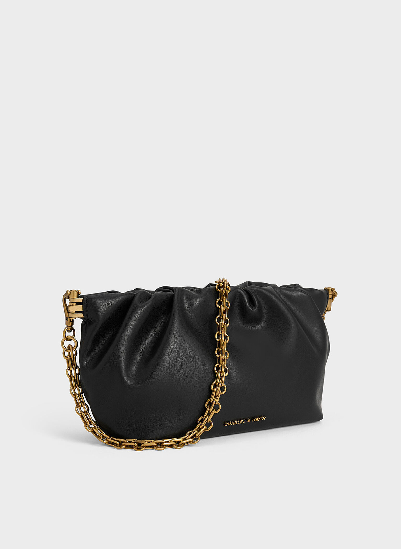 Brigette Ruched Chain-Handle Clutch, Black, hi-res