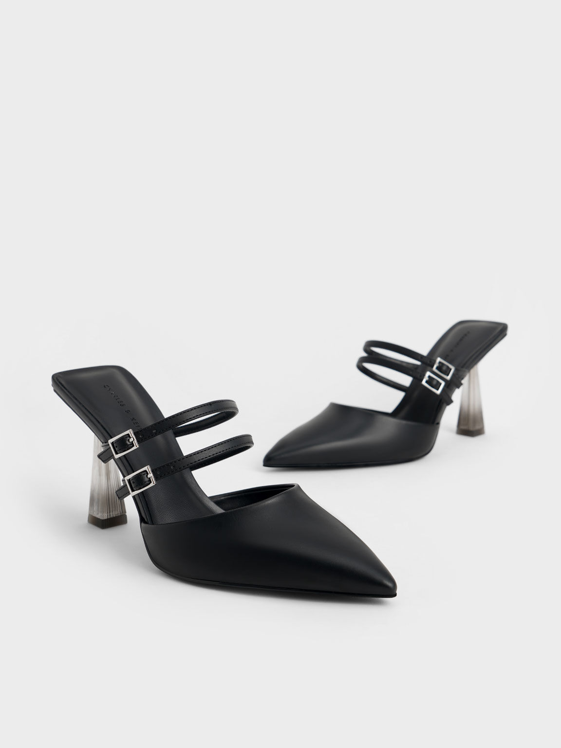 Strappy Slant Heel Mules, Black, hi-res