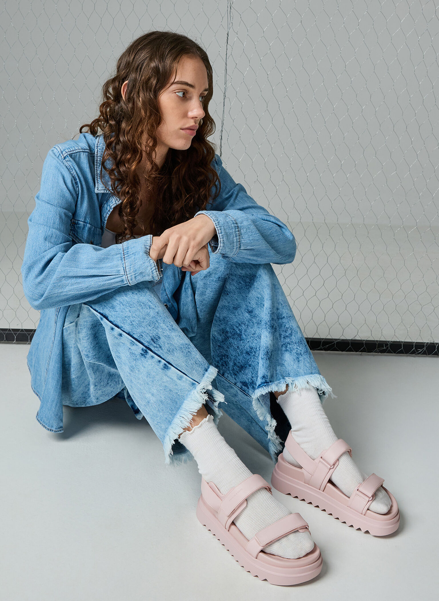 Double-Strap Ridged-Sole Flatform Sandals, Light Pink, hi-res