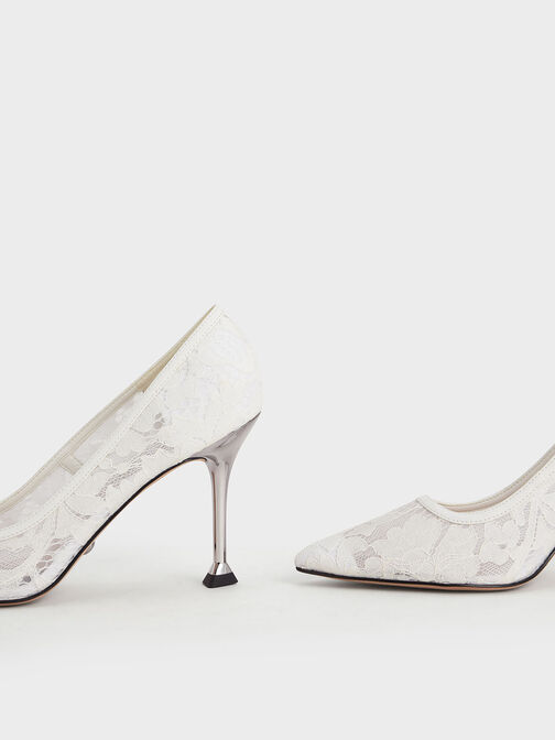 Lace & Mesh Pumps, White, hi-res