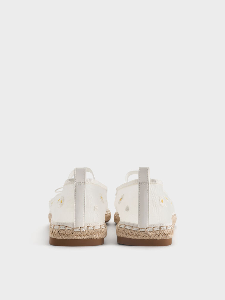 Mesh Floral-Embroidered Bow Tie-Around Espadrille Ballet Flats, Blanco, hi-res