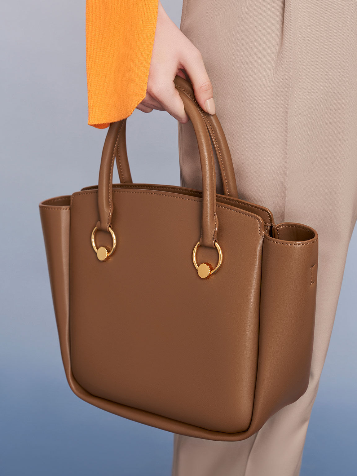 Ring-Embellished Large Tote Bag, Chocolate, hi-res