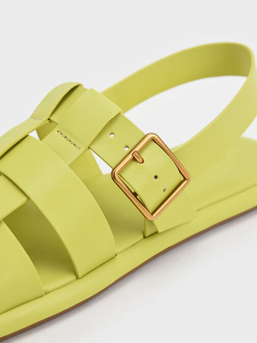 Metallic Buckle Caged Slingback Sandals, Lime, hi-res