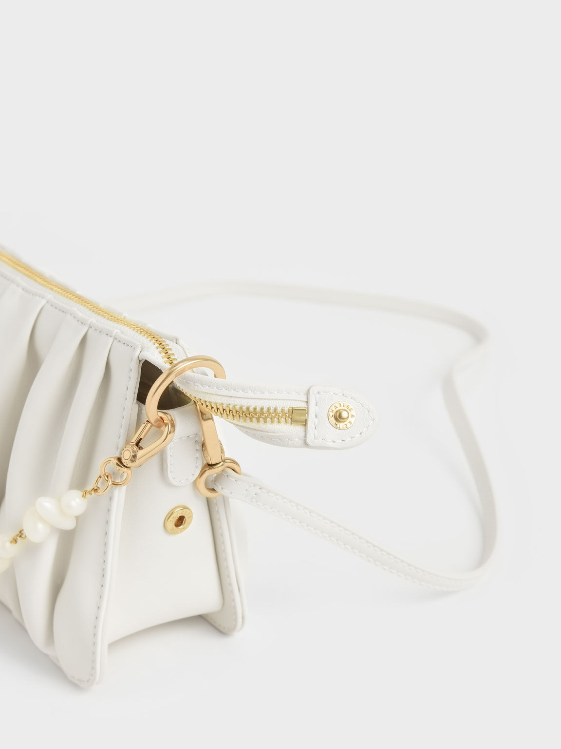 Beaded Strap Ruched Shoulder Bag, White, hi-res