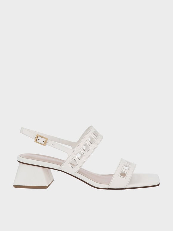 Cut-Out Heeled Slingback Sandals, White, hi-res